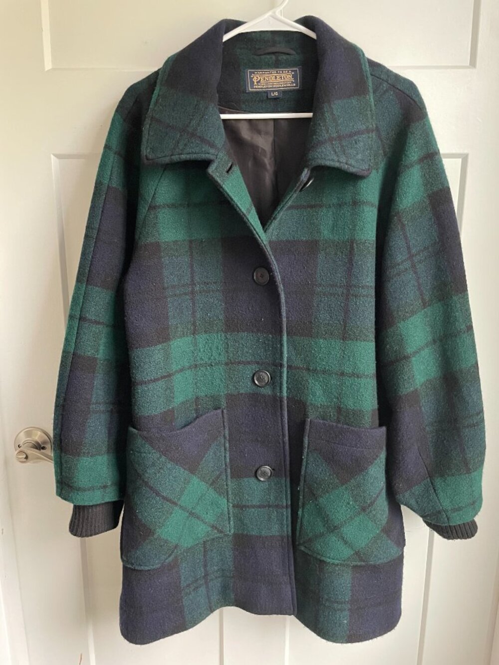 Pendleton Black Watch Plaid Wool Coat Jacket Forest Green Navy Blue Large L - Picture 3 of 15